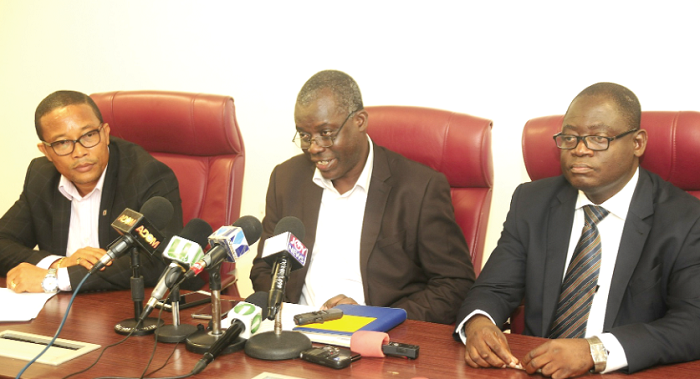  Mr Tetteh Okyne (middle), Director of Operations addressing the press conference in Accra. With him are Mr Kwadwo Ayensu Obeng (right), Director of Engineering and Mr William Boateng, Public Relations Manager of the company. Picture: Emmanuel Quaye 